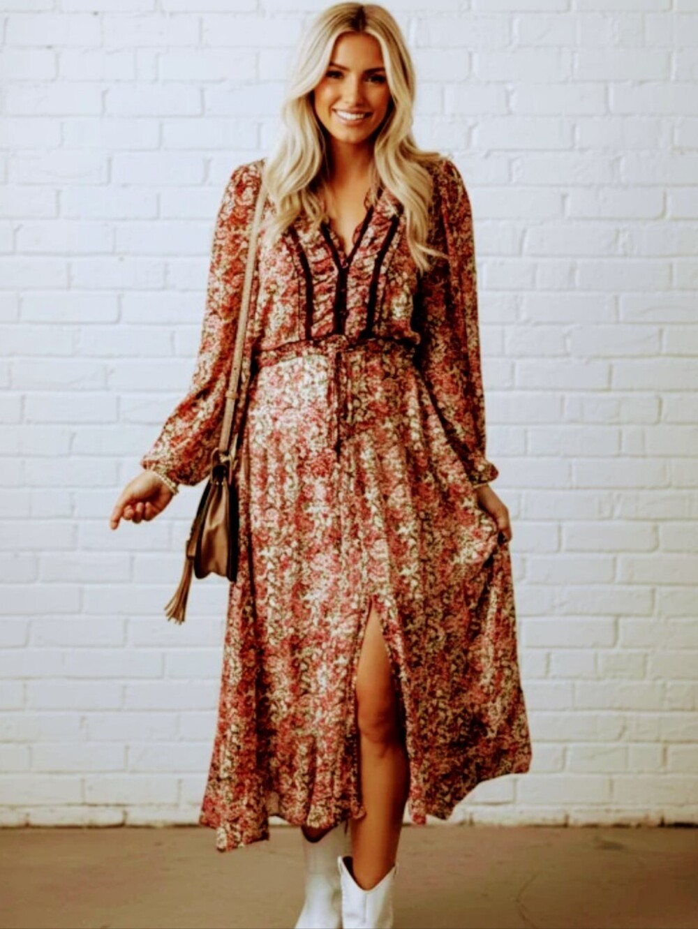 Wonderly Burgandy Wine Green Floral Tiered Maxi Dress V Neck Front Slit Sz. M